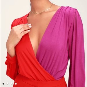 Two-Toned Long Sleeve Surplice Bodysuit